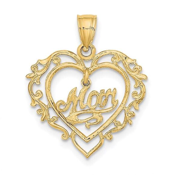 14k Yellow Gold Polished MOM Dangle in Fancy Heart Pendant